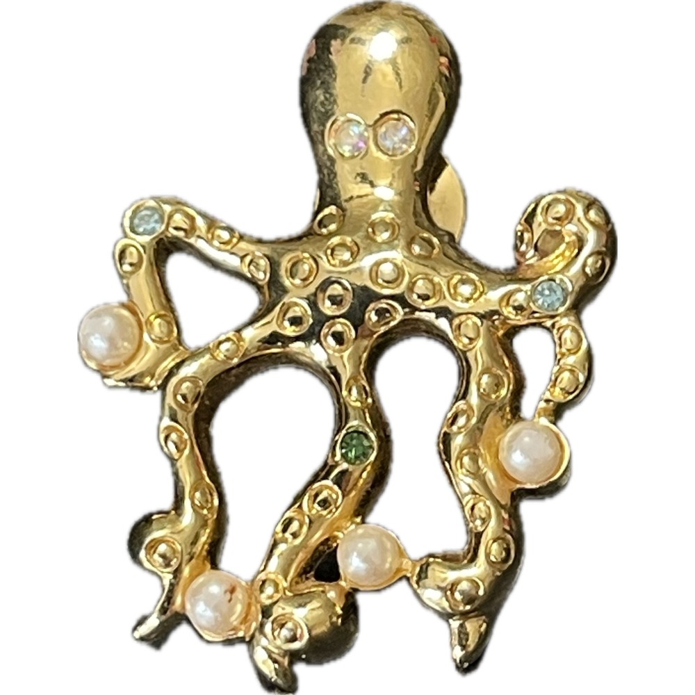 Avon Vintage Gold Tone Octopus Pin Faux Pearl Rhinestone Nautical Brooch